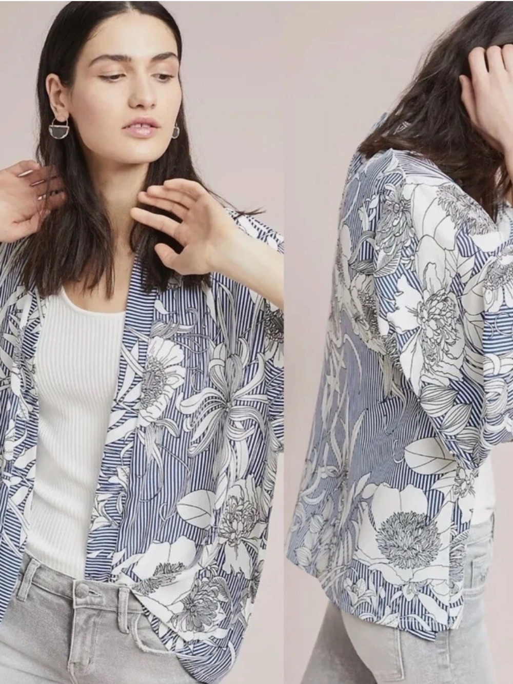 Akemi + Kin Floral Stripe Open-Front Kimono Blue & White